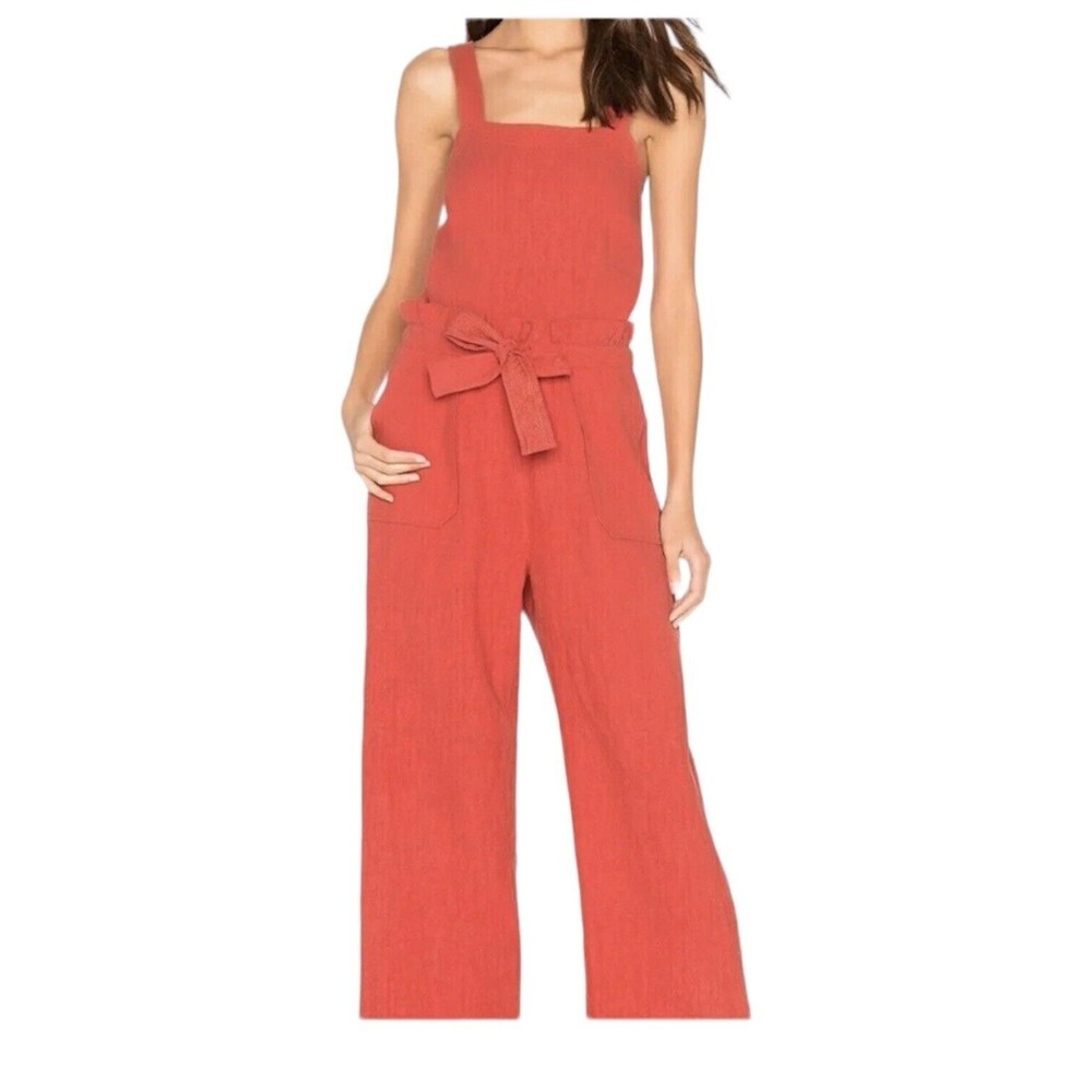 Saylor Roxy Jumpsuit Size Medium in Rust Red Ruffle Tie Waist Wide Leg $209